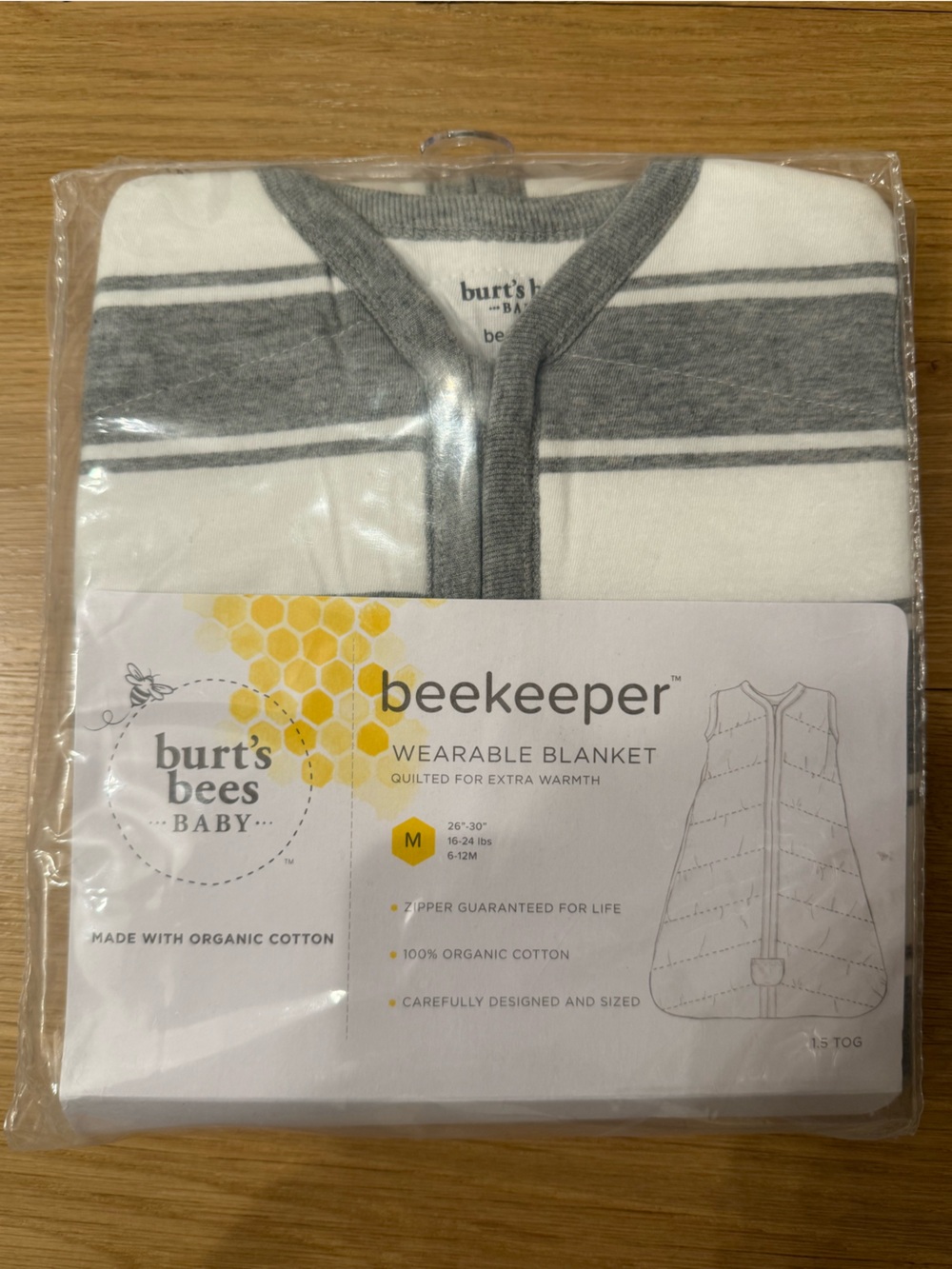 NWT ✨ Burt's Bees Baby White & Gray Striped Beekeeper Wearable Blanket (M)